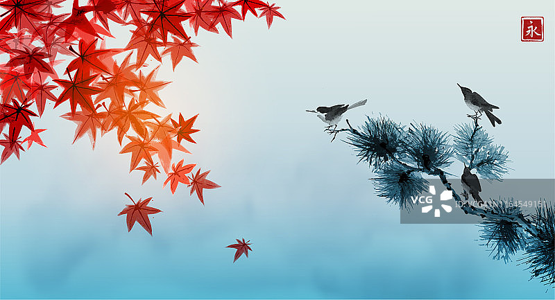 风景有红色的日本枫叶，蓝色的乌云天空和三鸟在松树上。传统的日本水墨画。象形文字——永恒图片素材