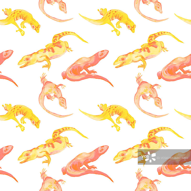 水彩手绘无缝模式的黄色和红色蜥蜴在白色的背景。图片素材