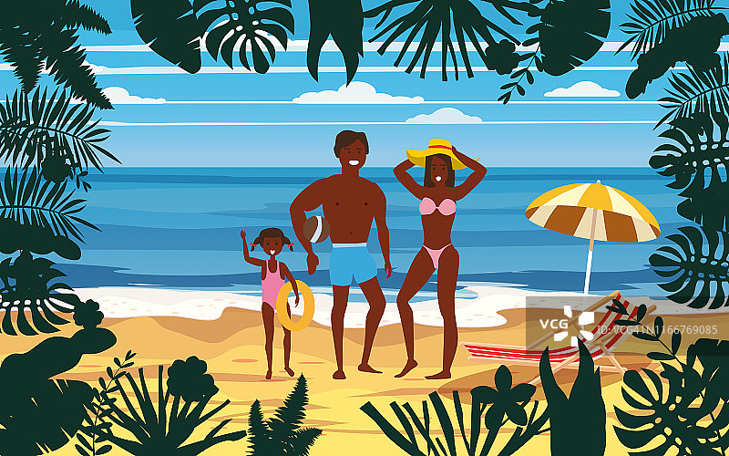 欢乐家庭在夏日度假海滩。父亲，母亲和女儿享受海滩度假漫步在沙海海洋。父母和孩子在海滩上玩的海滨花卉。矢量插图海报横幅孤立图片素材