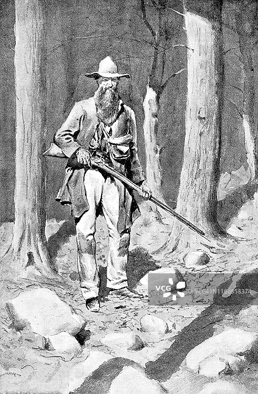 在美国弗吉尼亚州阿勒格尼山区狩猎的山人，19世纪图片素材