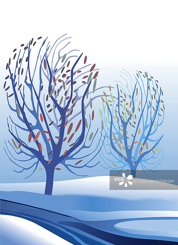冬季雪景插图与光秃秃的树木和冻结的小溪图片素材