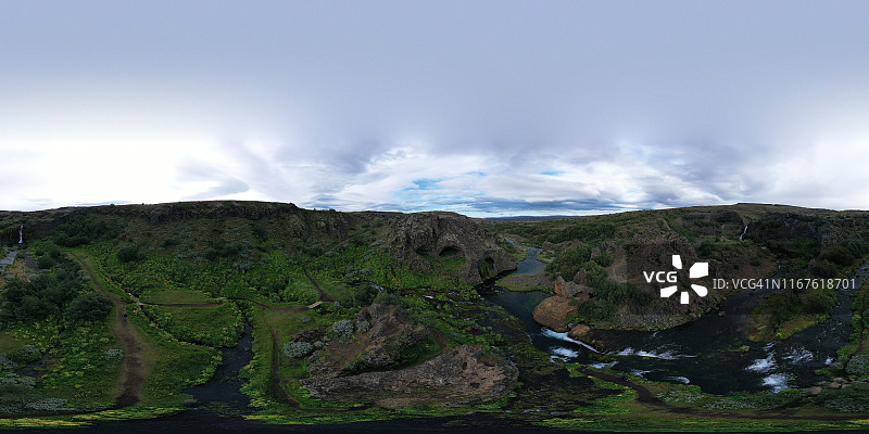 冰岛Gjain瀑布360度鸟瞰图图片素材