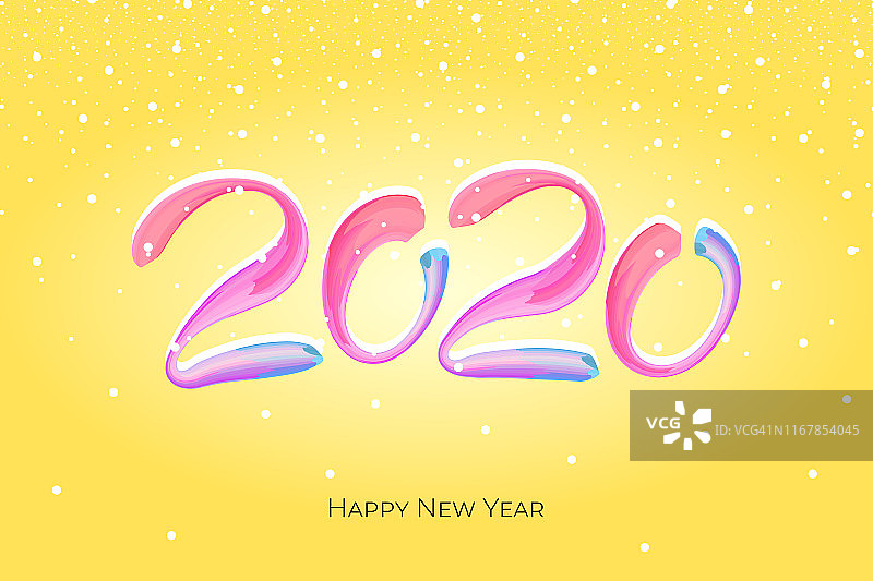 新年快乐彩色笔画号码2020。圣诞冬季假期黄色贺卡日历宣传册模板设计。矢量丙烯颜料书法字体文字创意插画图片素材