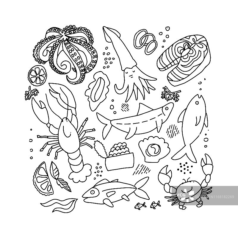 一套黑白涂鸦手绘粗糙简单的海鲜速写。矢量插图上的白色背景。鱼片，龙虾，螃蟹，鱿鱼，纺织印花，海报，菜单图片素材