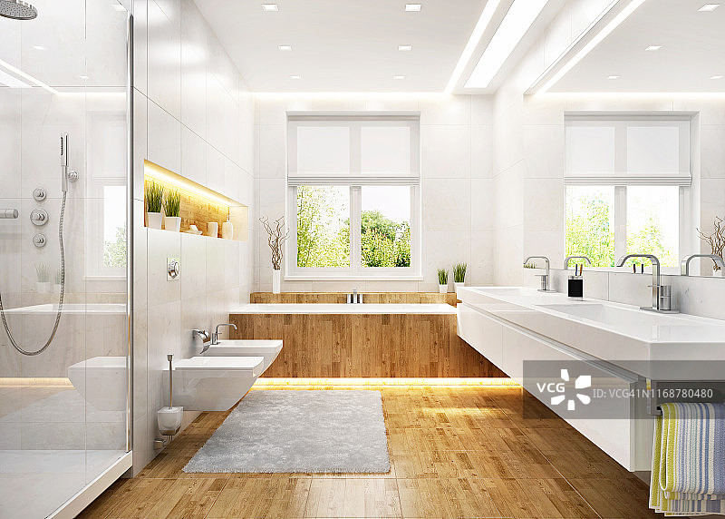 豪华的白色浴室在现代的房子图片素材