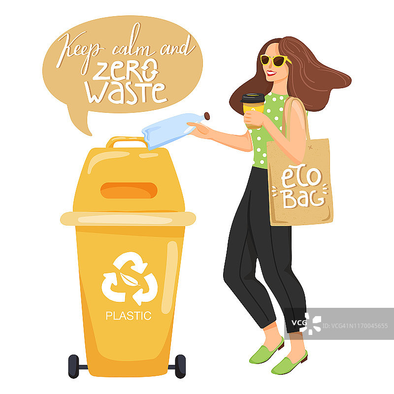 回收的概念。妇女把垃圾分类放进容器以备回收。图片素材
