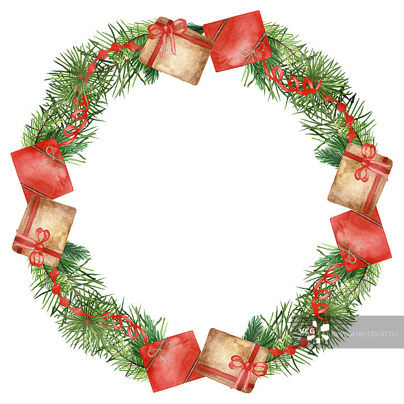 水彩圆形框架的云杉，雪松和松树绿色的树枝与红色的装饰和礼品盒与蝴蝶结。手绘圣诞插图为一个美丽的设计假日邀请。图片素材