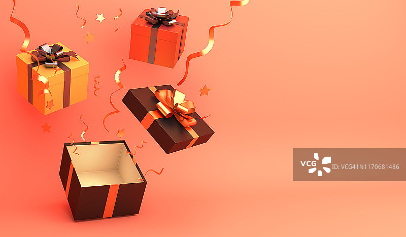礼盒，五彩纸屑在橙色柔和的背景。万圣节庆祝节日的设计创意概念。图片素材