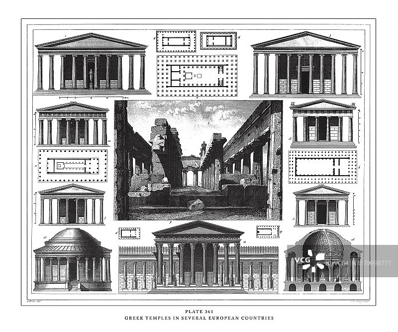 欧洲几个国家的希腊庙宇雕刻古董插图，1851年出版图片素材