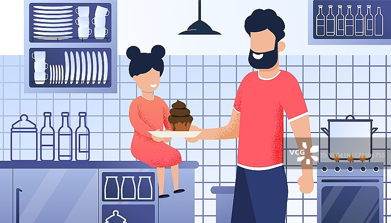 父亲和女儿厨房卡通插图图片素材