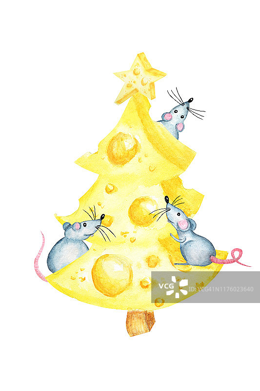 有老鼠的圣诞奶酪树。新年贺卡，海报概念2020。水彩画一片三角形的黄色奶酪。老鼠最喜欢的食物。白底插图图片素材