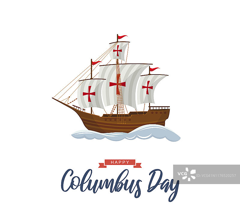 哥伦布日海报与帆船和波浪。向量图片素材