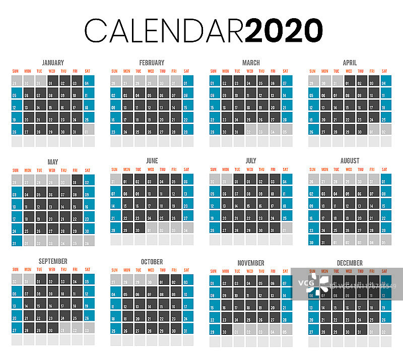 日历2020包括美国假期图片素材