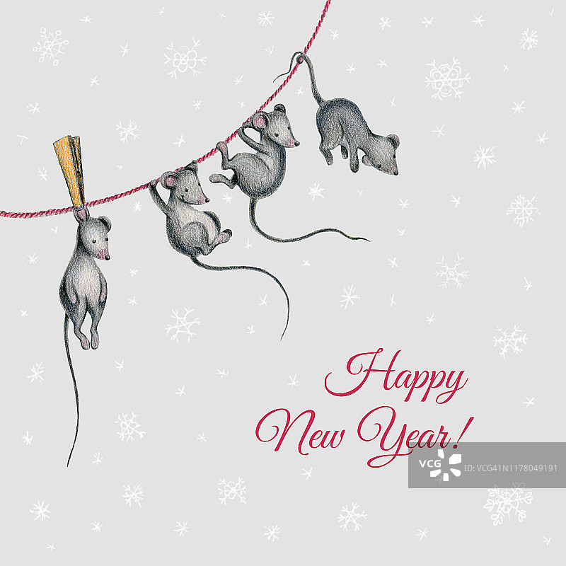 手绘的卡通可爱的老鼠挂在红色的绳子上，灰色的背景是白色的雪花。红色问候新年快乐图片素材