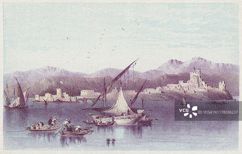 黎巴嫩西顿港的船只-奥斯曼帝国19世纪图片素材