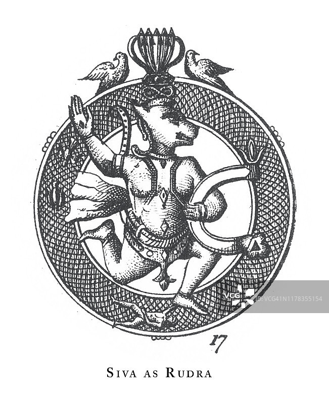 湿婆作为Rudra，印度教和佛教的宗教符号和宗教工具雕刻古董插图，出版于1851年图片素材