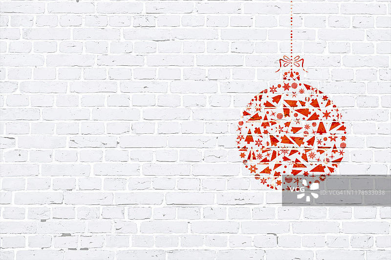 现代白色砖图案墙纹理垃圾背景圣诞矢量插图与红色圣诞小涂鸦涂鸦在墙上图片素材