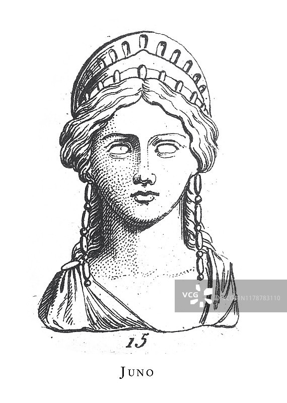 朱诺，来自希腊和罗马神话的传奇场景和人物雕刻古董插图，出版于1851年图片素材