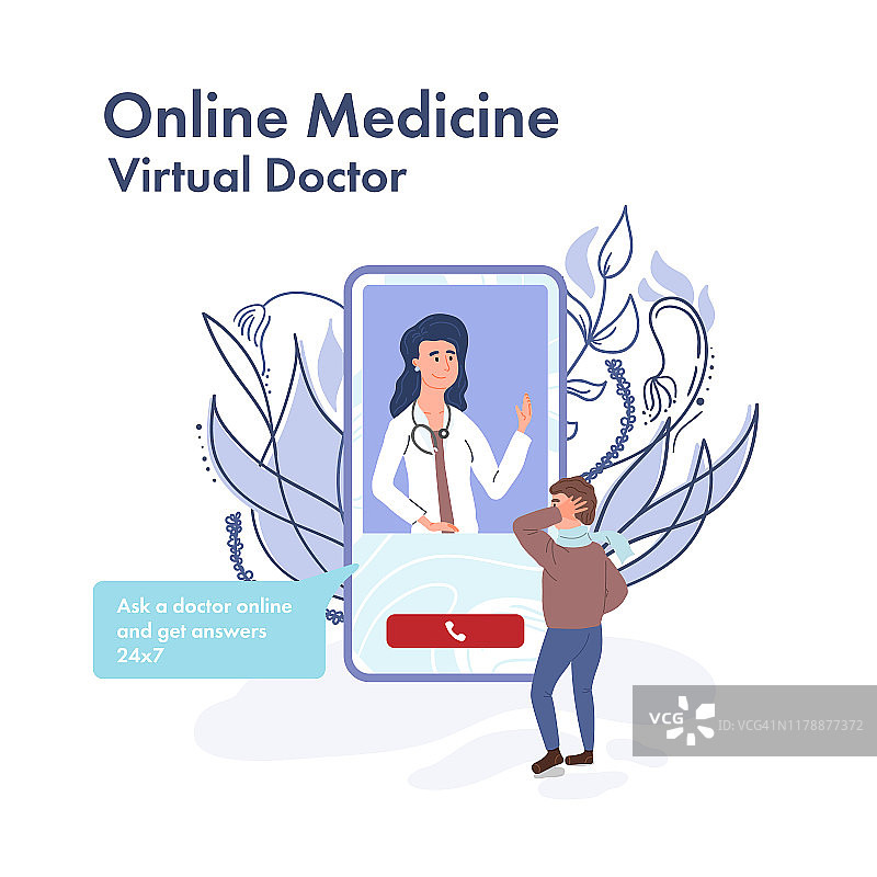 病人正在和全科医生视频通话。在线医疗、VR咨询。在线诊断病人。与治疗师进行虚拟聊天。数字医疗。旗帜模板。矢量动画图片素材