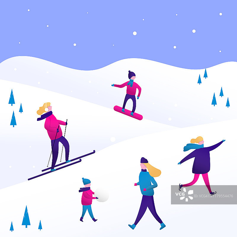 冬季运动与人，男人和女人，孩子和家庭。矢量场景与滑雪，滑冰，滑雪板。在滑雪胜地的扁平人物。圣诞贺卡，海报，横幅设计。图片素材