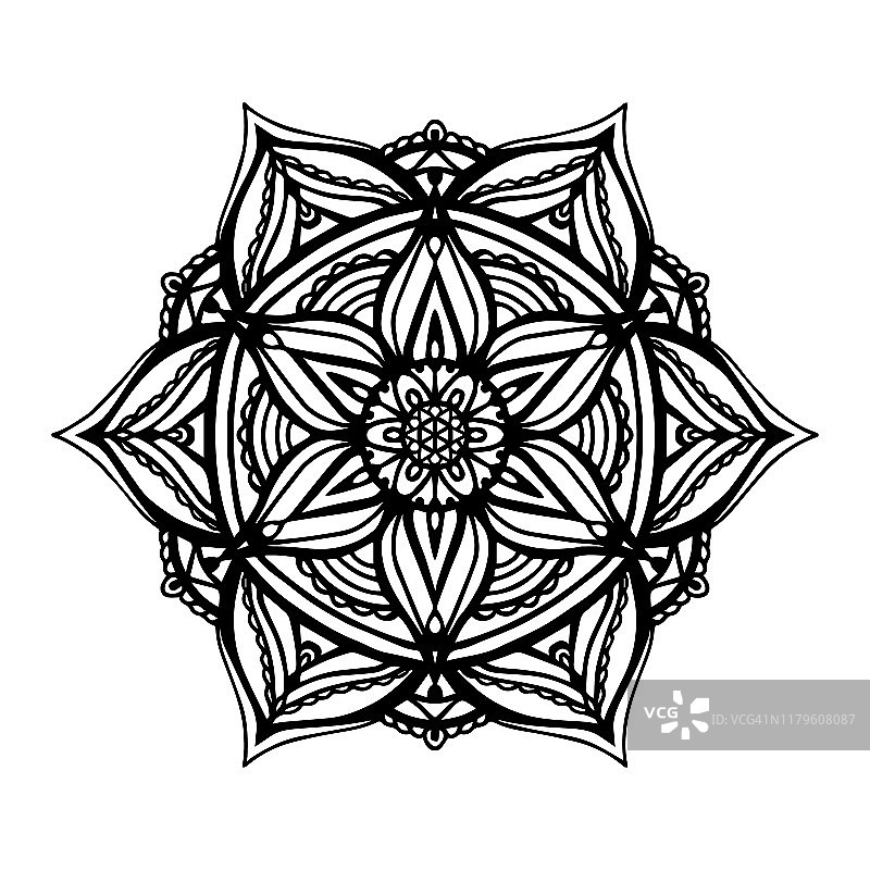 圆形的黑色曼荼罗在白色孤立的背景上。带有花卉图案的矢量波西米亚曼陀罗。瑜伽概念，抗压力疗法图片素材