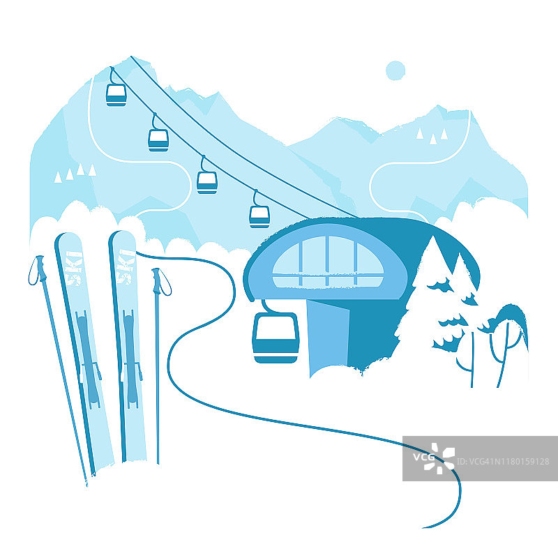 滑雪度假胜地与滑雪缆车。冬季户外度假活动在阿尔卑斯山运动，景观有山景和森林，滑雪设备在前景。平的风格图片素材