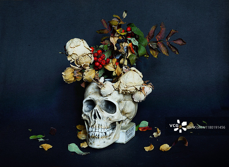 创意花卉布局与头骨和鲜花在黑色的背景。图片素材