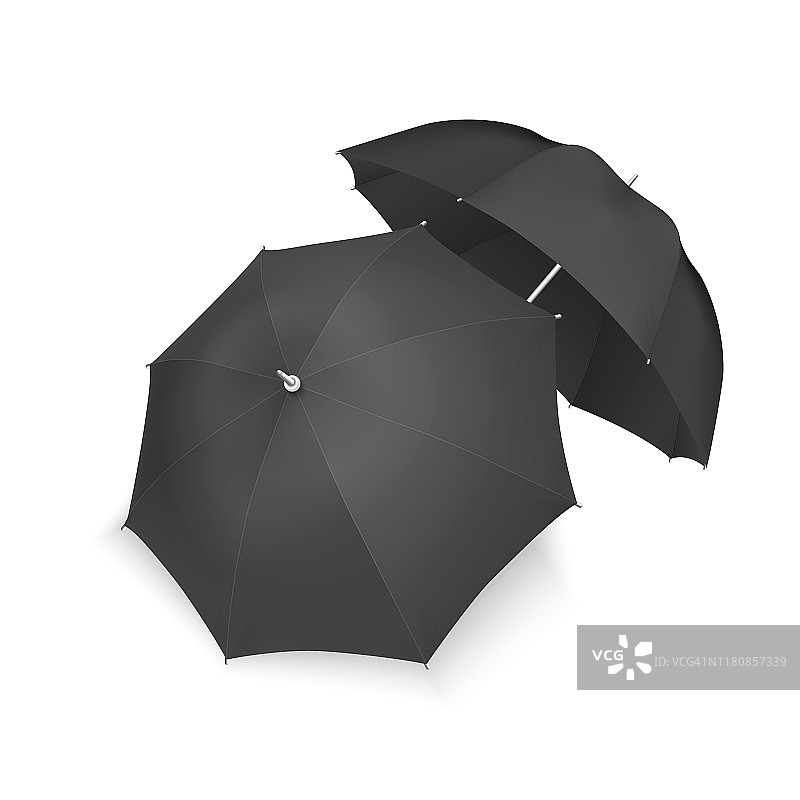 矢量3d现实渲染黑色空白伞图标设置特写孤立在白色背景。设计模板的打开伞模型，品牌，广告等。顶视图和前视图图片素材