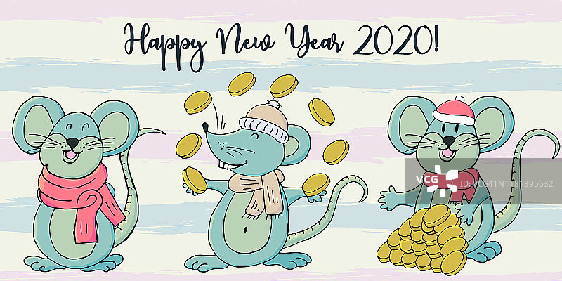 新年快乐。可爱的老鼠，象征2020。新年祝福传单，横幅图片素材