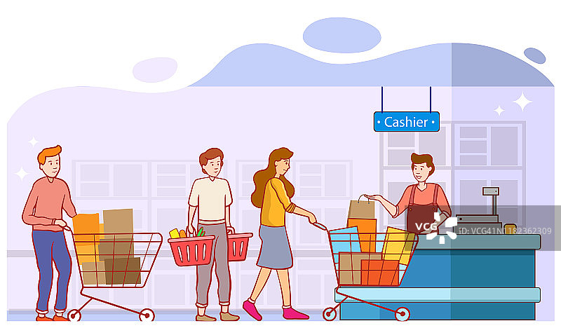 顾客在超市或百货公司排队结账时，将购物车放在收银台。购买和排队在收银员，排队在商店，卡通平面矢量插图图片素材