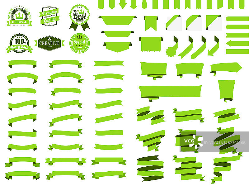 一套绿色丝带，横幅，徽章，标签-设计元素在白色的背景图片素材