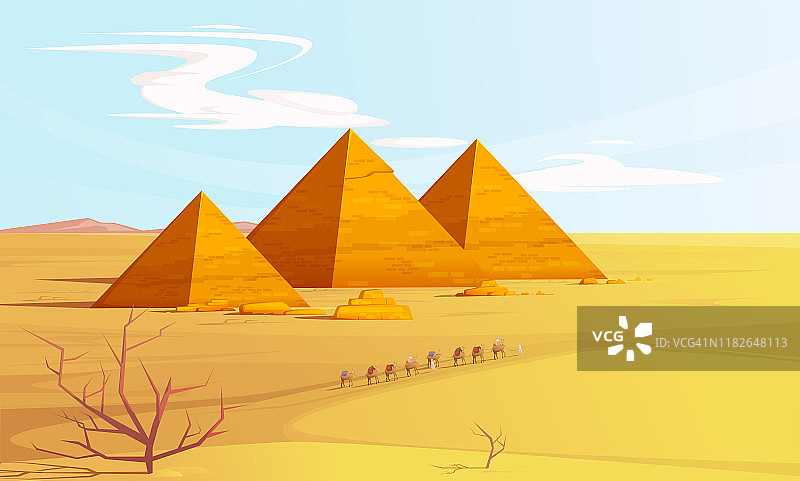 沙漠景观有埃及金字塔和骆驼图片素材