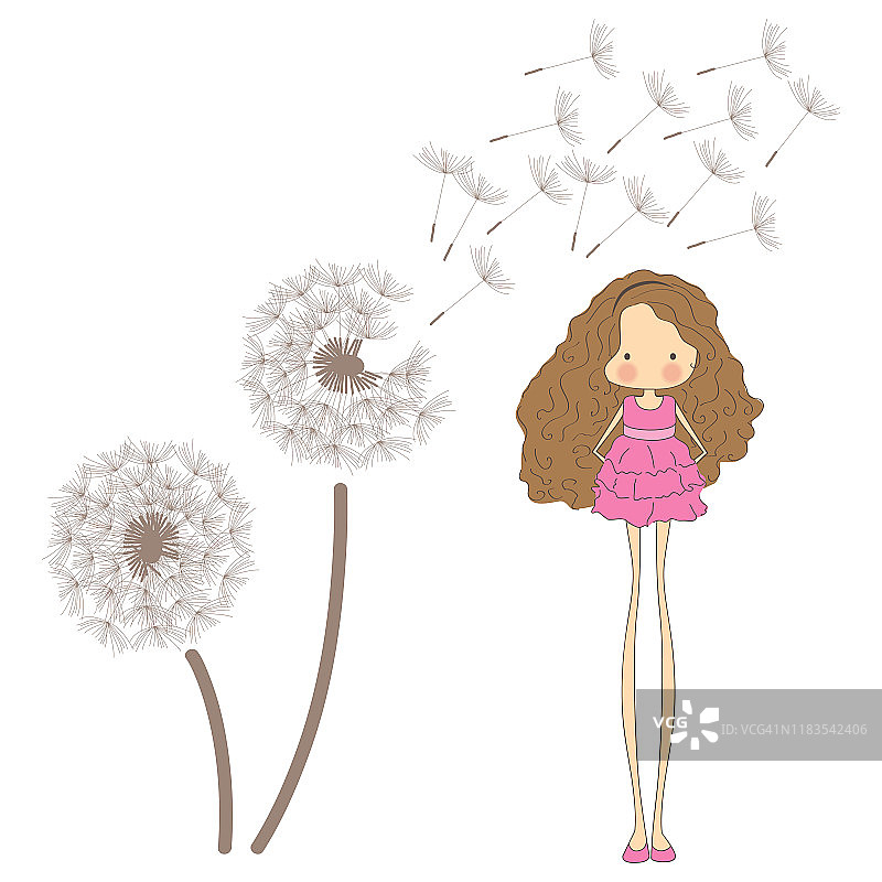 可爱的女孩和蒲公英的花朵图片素材