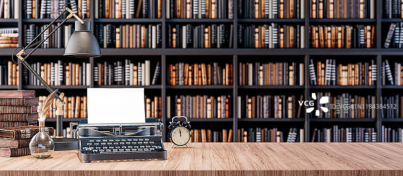 办公桌与旧打字机和书架在图书馆与旧书3d渲染图片素材