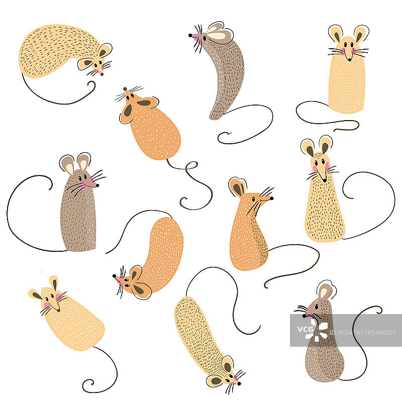 一组有趣的老鼠设计。2020.不同的老鼠圣诞收藏。老鼠姿势。可爱的卡通新年剪纸集。矢量图图片素材