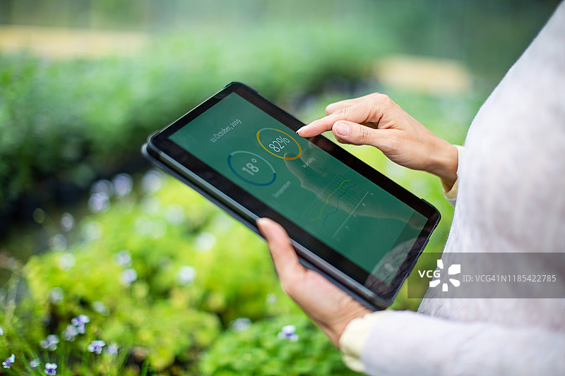 园丁使用数字平板电脑获取新植物的信息图片素材