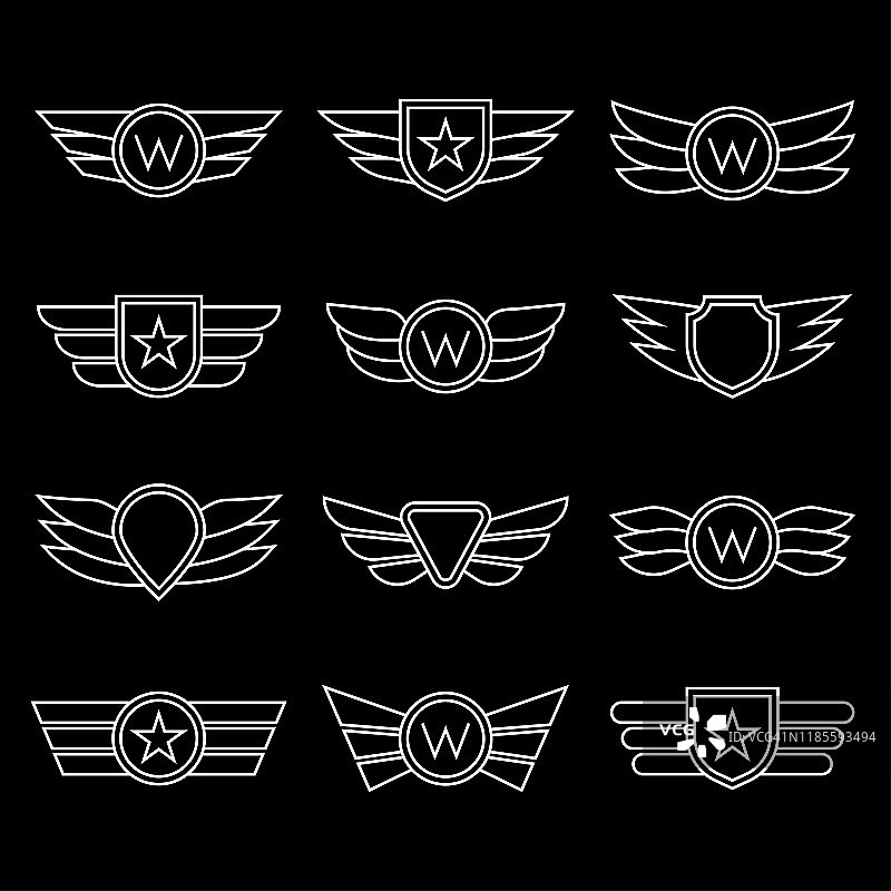 翅膀线图标设置。有翼的标志和徽章系列。连、陆军或航空联队徽章。矢量插图。图片素材