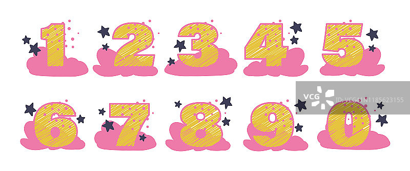收集手绘装饰数字与粉红色的云彩和星星的婴儿生日派对卡片，蛋糕，邀请，海报，儿童房间装饰设计。图片素材