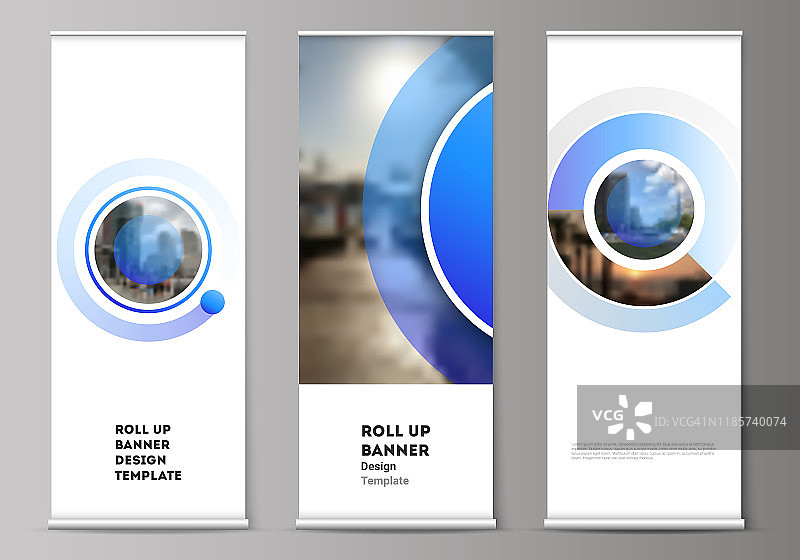 矢量插图的可编辑布局的滚动旗帜站，垂直传单，旗帜设计业务模板。创造性的现代蓝色背景与圆和圆形的形状。图片素材