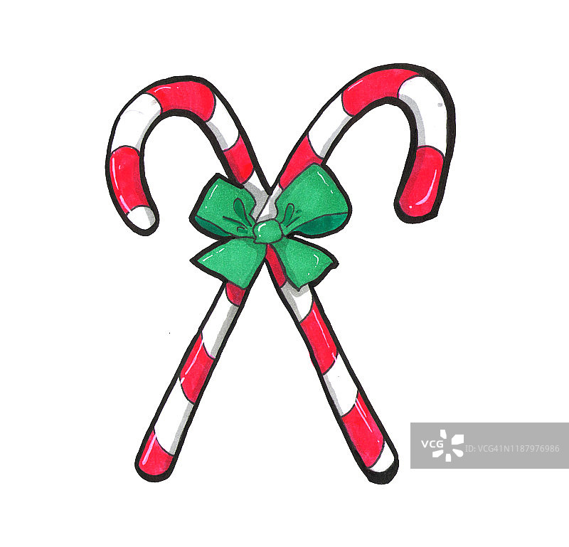 传统的圣诞节和新年闪亮的两个糖果拐杖与绿色蝴蝶结插图。一个对象，俯视图。手绘水彩素描在白色上，切割剪辑艺术元素的设计和装饰图片素材