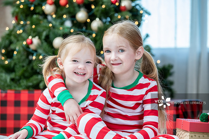 姐妹们在圣诞树前微笑图片素材