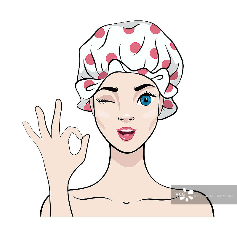 戴浴帽的年轻女孩做出OK的手势并眨了眨眼。肖像孤立在白色背景卡通风格图片素材