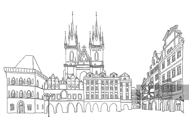 捷克共和国，布拉格，泰恩前圣母教堂的矢量素描。图片素材