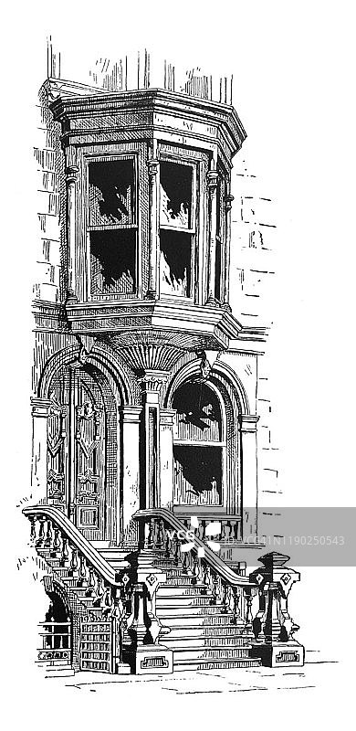 古董插图-纽约1881 -建筑-门廊和窗户- 57街靠近第五大道图片素材