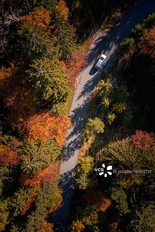 汽车通过秋天森林的鸟瞰图，萨尔茨堡，奥地利图片素材