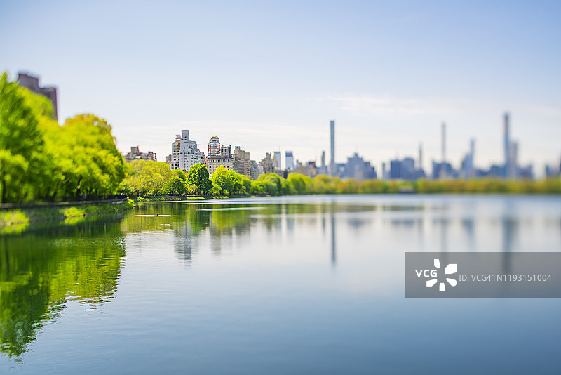 2019年5月8日，美国纽约，曼哈顿中城的建筑和一排排新鲜的绿叶映入中央公园水库。图片素材