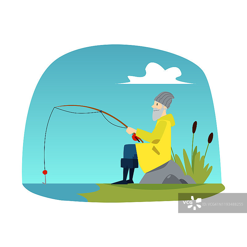 老人拿着钓竿坐在岸边，卡通渔夫等着钓鱼。孤立的矢量图图片素材