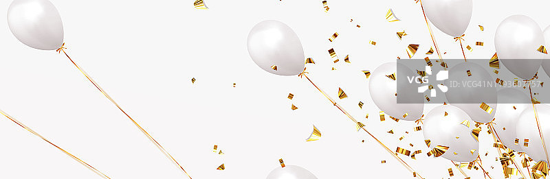 背景与节日现实气球与丝带。庆典设计气球，颜色白色，点缀着金色的闪光和金色的五彩纸屑。庆祝生日的模板图片素材