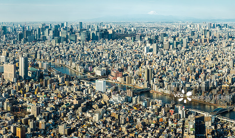 东京鸟瞰图拥挤的城市景观到日本富士山图片素材