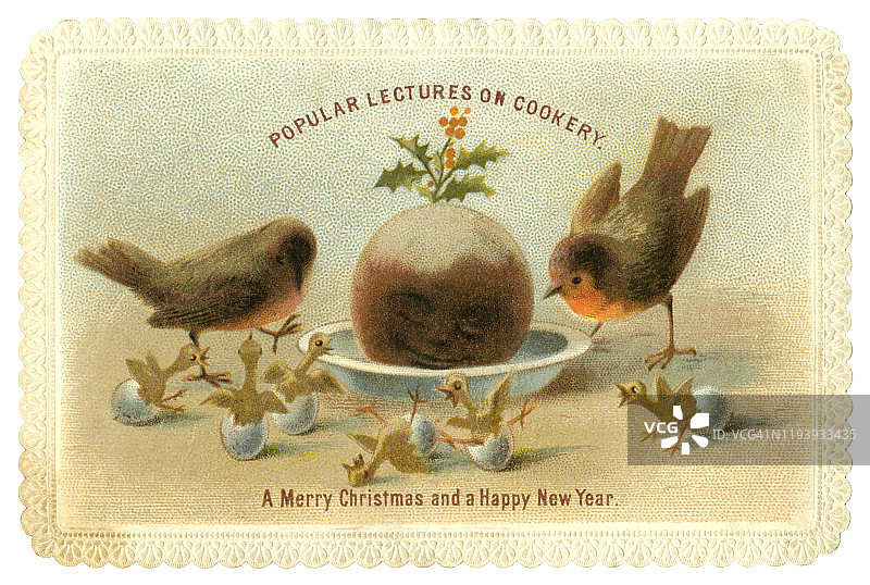 维多利亚时代的圣诞贺卡，有知更鸟、小鸡和微笑的圣诞布丁，1874年图片素材